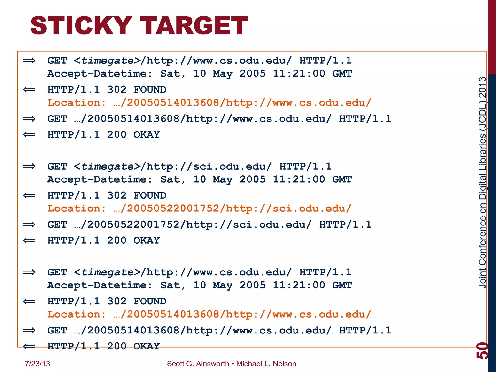 JointConferenceonDigitalLibraries(JCDL)2013
STICKY TARGET
⟹ GET <timegate>/http://www.cs.odu.edu/ HTTP/1.1
Accept-Datetime: Sat, 10 May 2005 11:21:00 GMT
⟸ HTTP/1.1 302 FOUND
Location: …/20050514013608/http://www.cs.odu.edu/
⟹ GET …/20050514013608/http://www.cs.odu.edu/ HTTP/1.1
⟸ HTTP/1.1 200 OKAY
⟹ GET <timegate>/http://sci.odu.edu/ HTTP/1.1
Accept-Datetime: Sat, 10 May 2005 11:21:00 GMT
⟸ HTTP/1.1 302 FOUND
Location: …/20050522001752/http://sci.odu.edu/
⟹ GET …/20050522001752/http://sci.odu.edu/ HTTP/1.1
⟸ HTTP/1.1 200 OKAY
⟹ GET <timegate>/http://www.cs.odu.edu/ HTTP/1.1
Accept-Datetime: Sat, 10 May 2005 11:21:00 GMT
⟸ HTTP/1.1 302 FOUND
Location: …/20050514013608/http://www.cs.odu.edu/
⟹ GET …/20050514013608/http://www.cs.odu.edu/ HTTP/1.1
⟸ HTTP/1.1 200 OKAY
7/23/13 Scott G. Ainsworth • Michael L. Nelson
50
 