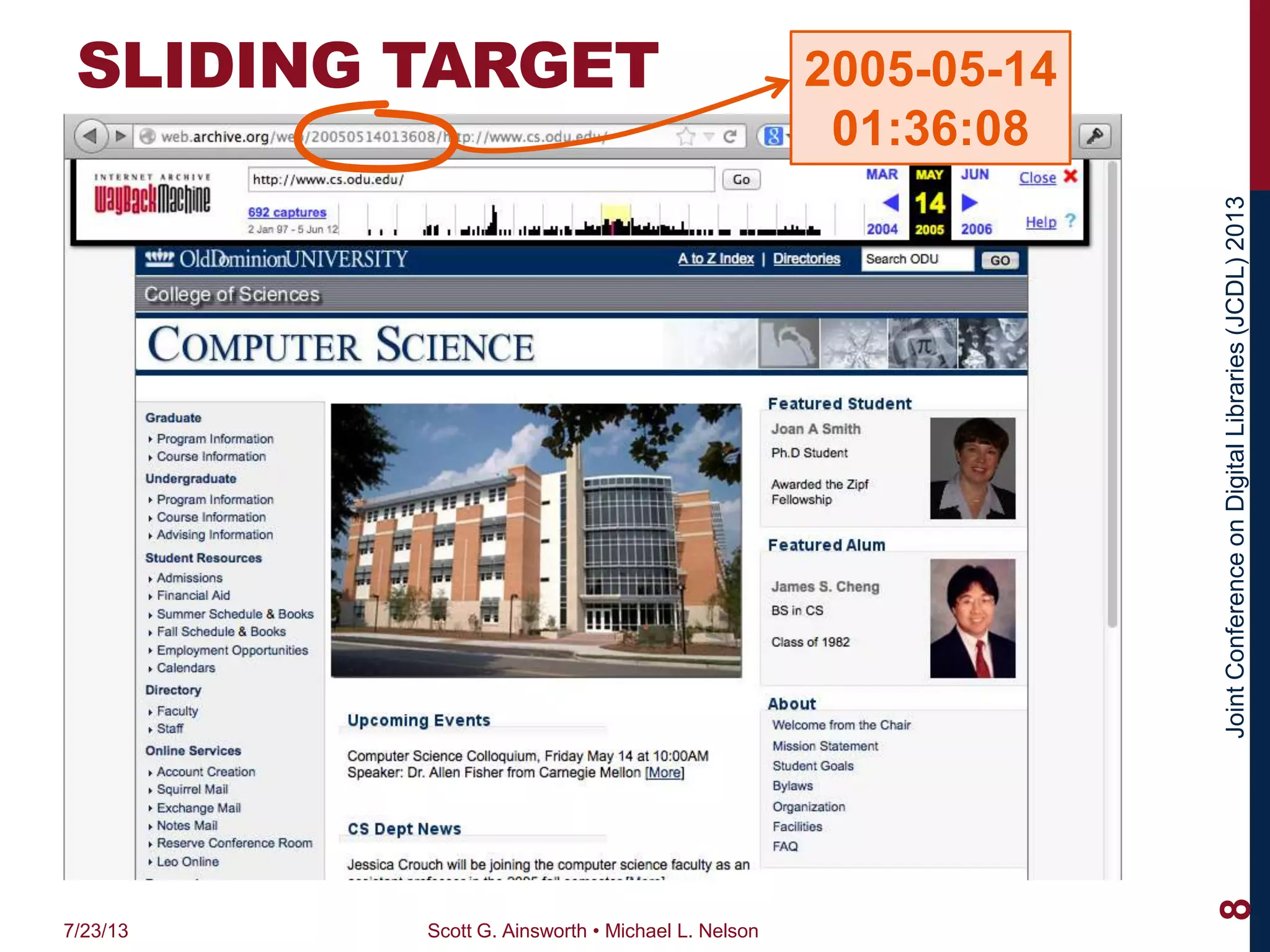 JointConferenceonDigitalLibraries(JCDL)2013
SLIDING TARGET
7/23/13 Scott G. Ainsworth • Michael L. Nelson
8
2005-05-14
01:36:08
 