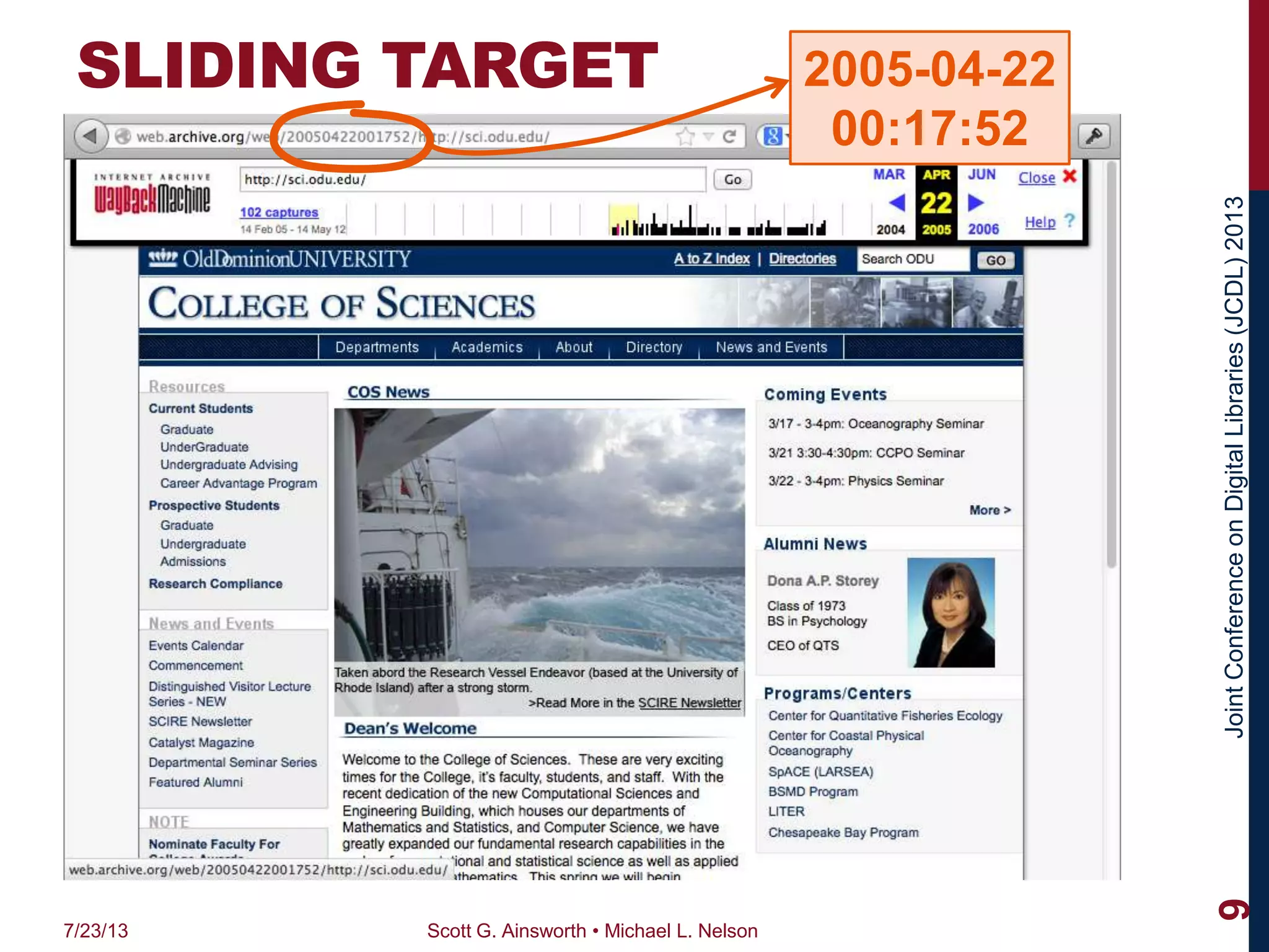JointConferenceonDigitalLibraries(JCDL)2013
SLIDING TARGET
7/23/13 Scott G. Ainsworth • Michael L. Nelson
9
2005-04-22
00:17:52
 