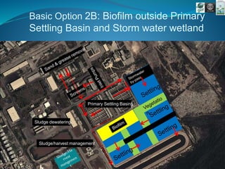 Sludge dewatering
Primary Settling Basins
Sludge/harvest management
Basic Option 2B: Biofilm outside Primary
Settling Basin and Storm water wetland
 