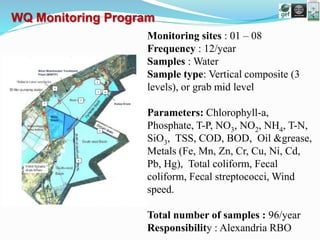 Monitoring sites : 01 – 08
Frequency : 12/year
Samples : Water
Sample type: Vertical composite (3
levels), or grab mid level
Parameters: Chlorophyll-a,
Phosphate, T-P, NO3, NO2, NH4, T-N,
SiO3, TSS, COD, BOD, Oil &grease,
Metals (Fe, Mn, Zn, Cr, Cu, Ni, Cd,
Pb, Hg), Total coliform, Fecal
coliform, Fecal streptococci, Wind
speed.
Total number of samples : 96/year
Responsibility : Alexandria RBO
WQ Monitoring Program
 