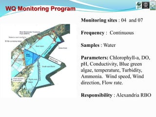 Monitoring sites : 04 and 07
Frequency : Continuous
Samples : Water
Parameters: Chlorophyll-a, DO,
pH, Conductivity, Blue green
algae, temperature, Turbidity,
Ammonia. Wind speed, Wind
direction, Flow rate.
Responsibility : Alexandria RBO
WQ Monitoring Program
 