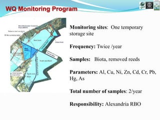 Monitoring sites: One temporary
storage site
Frequency: Twice /year
Samples: Biota, removed reeds
Parameters: Al, Cu, Ni, Zn, Cd, Cr, Pb,
Hg, As
Total number of samples: 2/year
Responsibility: Alexandria RBO
WQ Monitoring Program
 