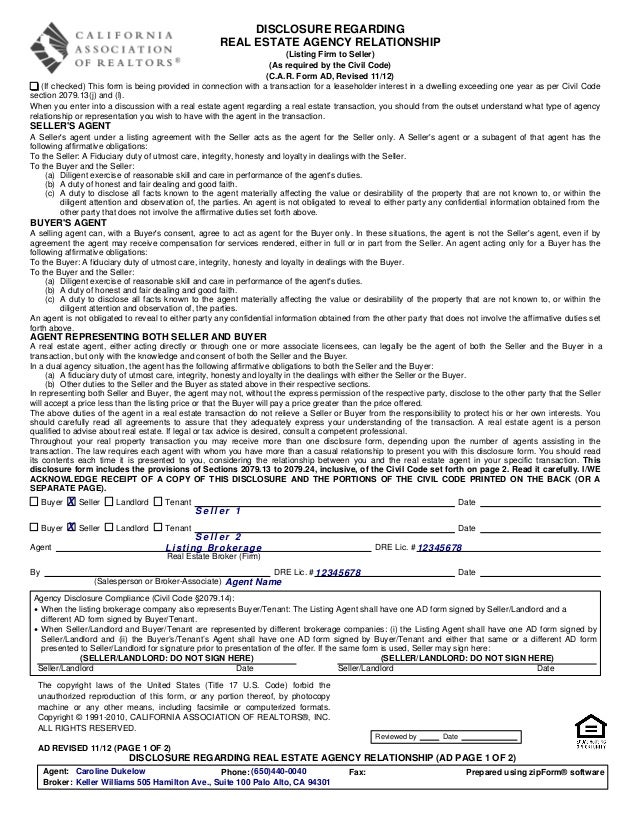 ad 1 disclosure 1 regarding re relationship listing firm to sell agency disclosure form california