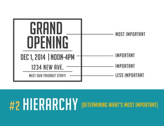#2 HIERARCHY (DETERMINING WHAT’S MOST IMPORTANT) 
HIERAR 
CHYGRAND OPENING1234 NEW AVE. DEC 1, 2014 | NOON-4PMMEET OUR FRIENDLY STAFF! MOST IMPORTANTIMPORTANTIMPORTANTLESS IMPORTANT  