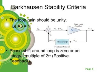 Barkhausen Stability Criteria

• The loop gain should be unity.
   i.e Aβ = 1




• Phase shift around loop is zero or an
  integral multiple of 2π (Positive
  Feedback).
                                          Page 5
 