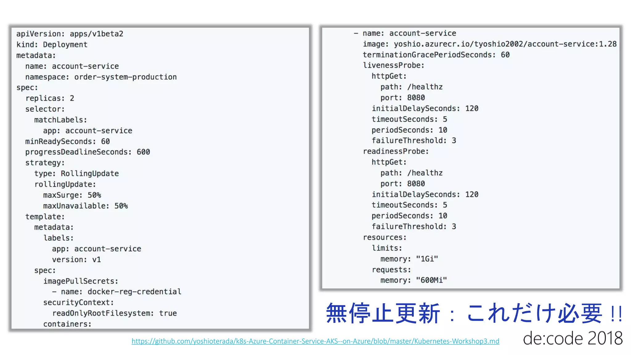 無停止更新：これだけ必要 !!
https://github.com/yoshioterada/k8s-Azure-Container-Service-AKS--on-Azure/blob/master/Kubernetes-Workshop3.md
 