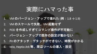 1. VM のバージョン・アップで壊れた (例：1.8 → 1.9)
2. VM のスケールで失敗。VM 起動せず
3. POD を作成しすぎてコマンド操作が不可能に
4. バージョン・アップで既存の設定が動かない
5. PV のアタッチ・デタッチができない、時間がかかる
6. Istio, Heptio Ark 等、周辺ツールの導入・設定
実際にハマった事
 