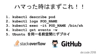 1. kubectl describe pod
2. kubectl logs POD_NAME
3. kubectl exec -it POD_NAME /bin/sh
4. kubectl get events –w
5. Ubuntu を同一名前空間にデプロイ
 