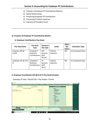 76
Session 4: Accounting for Employer PF Contributions
1) Creation of Employer PF Contribution Masters
2) Salary Details setup
3) Processing Employer PF Contribution
4) Processing PF Admin Expenses
5) Payment of Provident Fund
1)- Creation of Employer PF Contribution Master:
A: Employer Contributions Pay Head:
Pay Head Name
Pay Head
Type
Statutory
Pay Type
Under
Affect
Net
Salary
Calculation Type
Employer EPS @
8.33%
Employer's
Statutory
Contributions
EPS
Account
(A/C
No.10)
Indirect
Expenses
NO As Computed Value
Employer EPF @ 3.67
%
Employer's
Statutory
Contributions
PF
Account
(A/C
No.1)
Indirect
Expenses
NO As Computed Value
i)- Employer Contribution EPS @ 8.33 % Pay Head Creation:
Gateway of Tally > Payroll Info > Pay Heads > Create
 