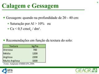  Gessagem: quando na profundidade de 20 - 40 cm:
 Saturação por Al > 10% ou
 Ca < 0,5 cmolc / dm³.
 Recomendações em função da textura do solo:
Calagem e Gessagem
9
Textura kg/ha
Arenosa 700
Média 1200
Argilosa 2200
Muito Argilosa 3200
Fonte: Adaptado EMBRAPA,2008.
 