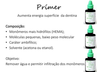 Prímer
Aumenta energia superfície da dentina
Composição:
• Monômeros mais hidrófilos (HEMA);
• Moléculas pequenas, baixo peso molecular
• Caráter ambifílico;
• Solvente (acetona ou etanol).
Objetivo:
Remover água e permitir infiltração dos monômeros
 