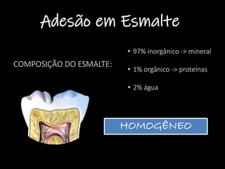 Adesão em Esmalte
COMPOSIÇÃO DO ESMALTE:
• 97% inorgânico -> mineral
• 1% orgânico -> proteínas
• 2% água
HOMOGÊNEO
Livro GBPD 2005
 