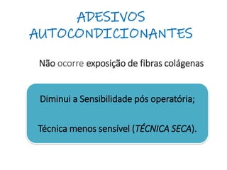 ADESIVOS
AUTOCONDICIONANTES
Diminui a Sensibilidade pós operatória;
Técnica menos sensível (TÉCNICA SECA).
Não ocorre exposição de fibras colágenas
 