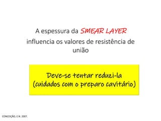 A espessura da SMEAR LAYER
influencia os valores de resistência de
união
•
Deve-se tentar reduzi-la
(cuidados com o preparo cavitário)
CONCEIÇÃO, E.N. 2007.
 