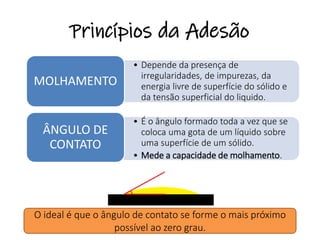 Princípios da Adesão
• Depende da presença de
irregularidades, de impurezas, da
energia livre de superfície do sólido e
da tensão superficial do liquido.
MOLHAMENTO
• É o ângulo formado toda a vez que se
coloca uma gota de um líquido sobre
uma superfície de um sólido.
• Mede a capacidade de molhamento.
ÂNGULO DE
CONTATO
O ideal é que o ângulo de contato se forme o mais próximo
possível ao zero grau.
 