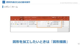 19
© 2020 PRESENTATION PLANNING
リボン｜ホーム
図形を加工したいときは「図形描画」
 
