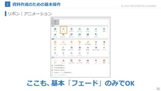 36
© 2020 PRESENTATION PLANNING
リボン｜アニメーション
ここも、基本「フェード」のみでOK
 