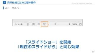50
© 2020 PRESENTATION PLANNING
ステータスバー
「スライドショー」を開始
「現在のスライドから」と同じ効果
 