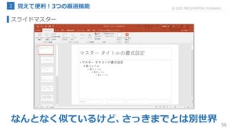 56
© 2020 PRESENTATION PLANNING
スライドマスター
なんとなく似ているけど、さっきまでとは別世界
 