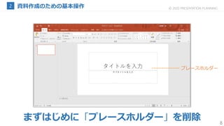 8
© 2020 PRESENTATION PLANNING
プレースホルダー
まずはじめに「プレースホルダー」を削除
 