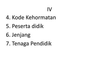 IV
4. Kode Kehormatan
5. Peserta didik
6. Jenjang
7. Tenaga Pendidik
 