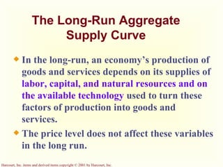 The Long-Run Aggregate Supply Curve In the long-run, an economy’s production of goods and services depends on its supplies of  labor, capital, and natural resources and on the available technology  used to turn these factors of production into goods and services.  The price level does not affect these variables in the long run. 