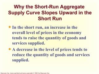 Why the Short-Run Aggregate  Supply Curve Slopes Upward in the Short Run In the short run, an increase in the overall level of prices in the economy tends to raise the quantity of goods and services supplied. A decrease in the level of prices tends to reduce the quantity of goods and services supplied. 