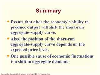 Summary Events that alter the economy’s ability to produce output will shift the short-run aggregate-supply curve. Also, the position of the short-run aggregate-supply curve depends on the expected price level. One possible cause of economic fluctuations is a shift in aggregate demand. 