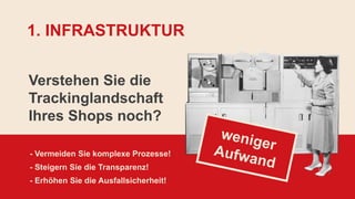 1. INFRASTRUKTUR
- Vermeiden Sie komplexe Prozesse!
- Steigern Sie die Transparenz!
- Erhöhen Sie die Ausfallsicherheit!
Verstehen Sie die
Trackinglandschaft
Ihres Shops noch?
 