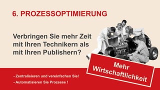 Verbringen Sie mehr Zeit
mit Ihren Technikern als
mit Ihren Publishern?
- Zentralisieren und vereinfachen Sie!
- Automatisieren Sie Prozesse !
6. PROZESSOPTIMIERUNG
 