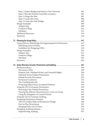 Step 1: Gather Background Data for Your Network 405
Step 2: Plan the Domain Controller Locations 405
Step 3: Design the Sites 407
Step 4: Create Site Links 408
Step 5: Create Site Link Bridges 409
Design Examples 409
Tailspin Toys 409
Contoso College 412
Fabrikam 412
Additional Resources 414
Summary 414
15. Planning for Group Policy. . . . . . . . . . . . . . . . . . . . . . . . . . . . . . . . . . . . . . . . . . . . . . . . . . . 417
Using GPOs to Help Design the Organizational Unit Structure 417
Identifying Areas of Policy 418
Guidelines for Designing GPOs 419
Design Examples 421
Tailspin Toys 421
Contoso College 424
Fabrikam 425
Summary 426
16. Active Directory Security: Permissions and Auditing. . . . . . . . . . . . . . . . . . . . . . . . . . . . 427
Permission Basics 428
Permission ACEs 429
Property Sets, Validated Writes, and Extended Rights 430
Inherited Versus Explicit Permissions 431
Default Security Descriptors 432
Permission Lockdown 433
The Confidentiality Bit 434
Protecting Objects from Accidental Deletion 435
Using the GUI to Examine Permissions 438
Reverting to the Default Permissions 441
Viewing the Effective Permissions for a User or Group 442
Using the Delegation of Control Wizard 443
Using the GUI to Examine Auditing 446
Designing Permissions Schemes 446
The Five Golden Rules of Permissions Design 446
How to Plan Permissions 452
Bringing Order out of Chaos 454
Designing Auditing Schemes 455
Implementing Auditing 457
Table of Contents | ix
 