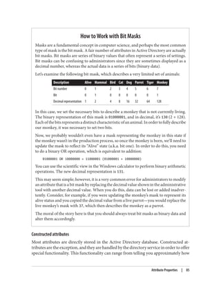 How to Work with Bit Masks
Masks are a fundamental concept in computer science, and perhaps the most common
type of mask is the bit mask. A fair number of attributes in Active Directory are actually
bit masks. Bit masks are series of binary values that often represent a series of settings.
Bit masks can be confusing to administrators since they are sometimes displayed as a
decimal number, whereas the actual data is a series of bits (binary data).
Let’s examine the following bit mask, which describes a very limited set of animals:
Description Alive Mammal Bird Cat Dog Parrot Tiger Monkey
Bit number 0 1 2 3 4 5 6 7
Bit 0 1 0 0 0 0 0 1
Decimal representation 1 2 4 8 16 32 64 128
In this case, we set the necessary bits to describe a monkey that is not currently living.
The binary representation of this mask is 01000001, and in decimal, it’s 130 (2 + 128).
Eachofthebitsrepresentsadistinctcharacteristicofananimal.Inordertofullydescribe
our monkey, it was necessary to set two bits.
Now, we probably wouldn’t even have a mask representing the monkey in this state if
the monkey wasn’t in the production process, so once the monkey is born, we’ll need to
update the mask to reflect its “Alive” state (a.k.a. bit one). In order to do this, you need
to do a binary OR operation, which is equivalent to addition:
01000001 OR 10000000 = 11000001 (01000001 + 10000000)
You can use the scientific view in the Windows calculator to perform binary arithmetic
operations. The new decimal representation is 131.
This may seem simple; however, it is a very common error for administrators to modify
an attribute that is a bit mask by replacing the decimal value shown in the administrative
tool with another decimal value. When you do this, data can be lost or added inadver‐
tently. Consider, for example, if you were updating the monkey’s mask to represent its
alive status and you copied the decimal value from a live parrot—you would replace the
live monkey’s mask with 37, which then describes the monkey as a parrot.
The moral of the story here is that you should always treat bit masks as binary data and
alter them accordingly.
Constructed attributes
Most attributes are directly stored in the Active Directory database. Constructed at‐
tributes are the exception, and they are handled by the directory service in order to offer
special functionality. This functionality can range from telling you approximately how
Attribute Properties | 85
 