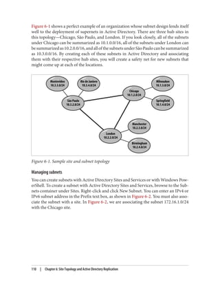 Figure 6-1 shows a perfect example of an organization whose subnet design lends itself
well to the deployment of supernets in Active Directory. There are three hub sites in
this topology—Chicago, São Paulo, and London. If you look closely, all of the subnets
under Chicago can be summarized as 10.1.0.0/16, all of the subnets under London can
besummarizedas10.2.0.0/16,andallofthesubnetsunderSãoPaulocanbesummarized
as 10.3.0.0/16. By creating each of these subnets in Active Directory and associating
them with their respective hub sites, you will create a safety net for new subnets that
might come up at each of the locations.
Figure 6-1. Sample site and subnet topology
Managing subnets
You can create subnets with Active Directory Sites and Services or with Windows Pow‐
erShell. To create a subnet with Active Directory Sites and Services, browse to the Sub‐
nets container under Sites. Right-click and click New Subnet. You can enter an IPv4 or
IPv6 subnet address in the Prefix text box, as shown in Figure 6-2. You must also asso‐
ciate the subnet with a site. In Figure 6-2, we are associating the subnet 172.16.1.0/24
with the Chicago site.
110 | Chapter 6: Site Topology and Active Directory Replication
 