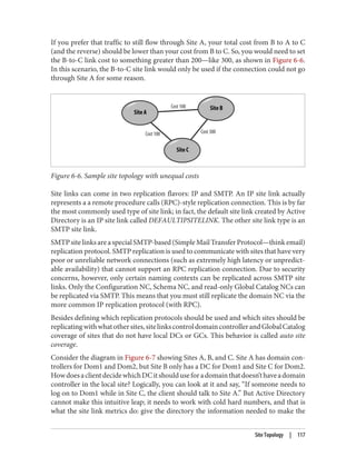 If you prefer that traffic to still flow through Site A, your total cost from B to A to C
(and the reverse) should be lower than your cost from B to C. So, you would need to set
the B-to-C link cost to something greater than 200—like 300, as shown in Figure 6-6.
In this scenario, the B-to-C site link would only be used if the connection could not go
through Site A for some reason.
Figure 6-6. Sample site topology with unequal costs
Site links can come in two replication flavors: IP and SMTP. An IP site link actually
represents a a remote procedure calls (RPC)-style replication connection. This is by far
the most commonly used type of site link; in fact, the default site link created by Active
Directory is an IP site link called DEFAULTIPSITELINK. The other site link type is an
SMTP site link.
SMTPsitelinksareaspecialSMTP-based(SimpleMailTransferProtocol—thinkemail)
replication protocol. SMTP replication is used to communicate with sites that have very
poor or unreliable network connections (such as extremely high latency or unpredict‐
able availability) that cannot support an RPC replication connection. Due to security
concerns, however, only certain naming contexts can be replicated across SMTP site
links. Only the Configuration NC, Schema NC, and read-only Global Catalog NCs can
be replicated via SMTP. This means that you must still replicate the domain NC via the
more common IP replication protocol (with RPC).
Besides defining which replication protocols should be used and which sites should be
replicatingwithwhatothersites,sitelinkscontroldomaincontrollerandGlobalCatalog
coverage of sites that do not have local DCs or GCs. This behavior is called auto site
coverage.
Consider the diagram in Figure 6-7 showing Sites A, B, and C. Site A has domain con‐
trollers for Dom1 and Dom2, but Site B only has a DC for Dom1 and Site C for Dom2.
HowdoesaclientdecidewhichDCitshoulduseforadomainthatdoesn’thaveadomain
controller in the local site? Logically, you can look at it and say, “If someone needs to
log on to Dom1 while in Site C, the client should talk to Site A.” But Active Directory
cannot make this intuitive leap; it needs to work with cold hard numbers, and that is
what the site link metrics do: give the directory the information needed to make the
Site Topology | 117
 