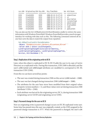 Loc.USN Originating DSA Org.USN Org.Time/Date Ver Attribute
======= =============== ========= =================== === ============
8194 SiteADC01 8194 2008-03-24 21:27:24 1 objectClass
8194 SiteADC01 8194 2008-03-24 21:27:24 1 cn
8194 SiteADC01 8194 2008-03-24 21:27:24 1 description
8194 SiteADC01 8194 2008-03-24 21:27:24 1 instanceType
8194 SiteADC01 8194 2008-03-24 21:27:24 1 whenCreated
8194 SiteADC01 8194 2008-03-24 21:27:24 1 displayName
8194 SiteADC01 8194 2008-03-24 21:27:24 1 name
15987 SiteADC02 12117 2008-04-14 11:07:42 2 pwdLastSet
You can also use the Get-ADReplicationAttributeMetadata cmdlet to retrieve the same
informationwithWindowsPowerShell.WindowsPowerShellprovidesamuchstronger
interface for working with data such as this. The following command (entered all on
one line) sorts the data to match the output from repadmin:
Get-ADReplicationAttributeMetadata `
-Object "CN=Administrator,CN=Users,DC=contoso,DC=com" `
-Server dc01 | Select LocalChangeUsn, `
LastOriginatingChangeDirectoryServerIdentity, `
LastOriginatingChangeUsn, LastOriginatingChangeTime, `
Version, AttributeName | ft
Step 2: Replication of the originating write to DC B
Later, when this object is replicated to DC B, DC B adds the user to its copy of Active
Directory as a replicated write. During this transaction, USN 2500 is allocated, and the
user’s uSNCreated and uSNChanged attributes are modified to correspond to DC B’s
transaction USN (2500).
From this we can learn several key points:
• The user was created during transaction 2500 on this server (uSNCreated = 2500).
• The user was last changed during transaction 2500 (uSNChanged = 2500).
• The attributes for the user have never been modified from their original values
(property version numbers = 1), and these values were set during transaction 2500
(attributes’ USNs = 2500).
• Each attribute was last set by the originating server, DC A, during transaction 1000
(originating-server GUID and originating-server USN).
Step 3: Password change for the user on DC B
Now an originating write (a password change) occurs on DC B’s replicated-write user.
Some time has passed since the user was originally created, so the USN assigned to the
password-change transaction is 3777. When the password is changed, the user’s uSN
132 | Chapter 6: Site Topology and Active Directory Replication
 