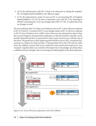 4. At T4, the administrator rolls DC-A back to its state prior to taking the snapshot.
DC-A’s highestCommittedUSN is now 100 once again.
5. At T5, the administrator creates 15 users on DC-A, incrementing DC-A’s highest
CommittedUSN to 115. DC-B starts a replication cycle with DC-A by checking its
HWMV and asking DC-A for any changes after USN 175. DC-A replies that it has
no changes to send.
The net result here after T5 is that a set of objects exist on DC-A that will never replicate
to DC-B. Until DC-A reaches USN 175, any changes made on DC-A will never replicate
to DC-B. Since Windows Server 2003, Active Directory has attempted to detect when
this scenario happens and quarantine replication so that the domain controller can be
forcibly demoted and then re-promoted in order to get it back in sync with the rest of
the forest. The good news is that, beginning with Windows Server 2012, virtualized DCs
running on a hypervisor that provides a VM generation ID to the VM will not suffer
from any rollback scenario that occurs within the state model of the hypervisor. Any
“manual” snapshots that occur outside of the hypervisor’s knowledge can still produce
a rollback scenario, though, such as reverting the underlying files in the disk subsystem.
Figure 6-16. Active Directory replication with USN rollback
148 | Chapter 6: Site Topology and Active Directory Replication
 