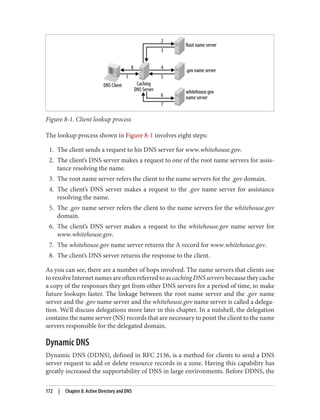 Figure 8-1. Client lookup process
The lookup process shown in Figure 8-1 involves eight steps:
1. The client sends a request to his DNS server for www.whitehouse.gov.
2. The client’s DNS server makes a request to one of the root name servers for assis‐
tance resolving the name.
3. The root name server refers the client to the name servers for the .gov domain.
4. The client’s DNS server makes a request to the .gov name server for assistance
resolving the name.
5. The .gov name server refers the client to the name servers for the whitehouse.gov
domain.
6. The client’s DNS server makes a request to the whitehouse.gov name server for
www.whitehouse.gov.
7. The whitehouse.gov name server returns the A record for www.whitehouse.gov.
8. The client’s DNS server returns the response to the client.
As you can see, there are a number of hops involved. The name servers that clients use
toresolveInternetnamesareoftenreferredtoascachingDNSserversbecausetheycache
a copy of the responses they get from other DNS servers for a period of time, to make
future lookups faster. The linkage between the root name server and the .gov name
server and the .gov name server and the whitehouse.gov name server is called a delega‐
tion. We’ll discuss delegations more later in this chapter. In a nutshell, the delegation
contains the name server (NS) records that are necessary to point the client to the name
servers responsible for the delegated domain.
Dynamic DNS
Dynamic DNS (DDNS), defined in RFC 2136, is a method for clients to send a DNS
server request to add or delete resource records in a zone. Having this capability has
greatly increased the supportability of DNS in large environments. Before DDNS, the
172 | Chapter 8: Active Directory and DNS
 