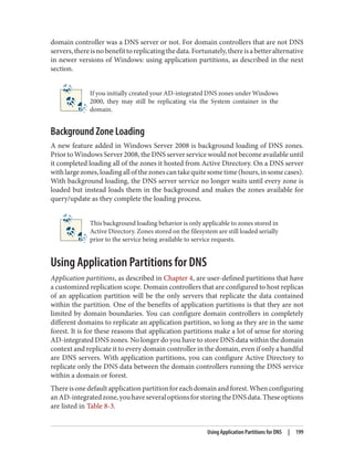 domain controller was a DNS server or not. For domain controllers that are not DNS
servers,thereisnobenefittoreplicatingthedata.Fortunately,thereisabetteralternative
in newer versions of Windows: using application partitions, as described in the next
section.
If you initially created your AD-integrated DNS zones under Windows
2000, they may still be replicating via the System container in the
domain.
Background Zone Loading
A new feature added in Windows Server 2008 is background loading of DNS zones.
Prior to Windows Server 2008, the DNS server service would not become available until
it completed loading all of the zones it hosted from Active Directory. On a DNS server
withlargezones,loadingallofthezonescantakequitesometime(hours,insomecases).
With background loading, the DNS server service no longer waits until every zone is
loaded but instead loads them in the background and makes the zones available for
query/update as they complete the loading process.
This background loading behavior is only applicable to zones stored in
Active Directory. Zones stored on the filesystem are still loaded serially
prior to the service being available to service requests.
Using Application Partitions for DNS
Application partitions, as described in Chapter 4, are user-defined partitions that have
a customized replication scope. Domain controllers that are configured to host replicas
of an application partition will be the only servers that replicate the data contained
within the partition. One of the benefits of application partitions is that they are not
limited by domain boundaries. You can configure domain controllers in completely
different domains to replicate an application partition, so long as they are in the same
forest. It is for these reasons that application partitions make a lot of sense for storing
AD-integrated DNS zones. No longer do you have to store DNS data within the domain
context and replicate it to every domain controller in the domain, even if only a handful
are DNS servers. With application partitions, you can configure Active Directory to
replicate only the DNS data between the domain controllers running the DNS service
within a domain or forest.
Thereisonedefaultapplicationpartitionforeachdomainandforest.Whenconfiguring
anAD-integratedzone,youhaveseveraloptionsforstoringtheDNSdata.Theseoptions
are listed in Table 8-3.
Using Application Partitions for DNS | 199
 