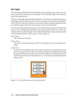 User Logon
The first scenario that’s likely to be of interest is how user logon occurs when a user sits
down at her desk and presses Ctrl-Alt-Delete. We’ll look specifically at the Kerberos
layer of the logon process.
The key to the single sign-on benefit of Kerberos is the first step in the logon process:
obtaining a ticket granting ticket (TGT). When a user logs onto a workstation, Windows
caches the TGT and uses it to obtain service tickets without needing to prompt the user
for credentials again when she wants to access a service on the network.
Thefirststepintheauthenticationprocessisfortheclienttopresentapreauthentication
request in an AS_REQ (authentication service request) packet. Figure 10-1 shows the
contents of the AS_REQ message. The AS_REQ contains the necessary details to prove
to the DC that the client is who it says it is. These details are:
Client Name
This is the user’s username.
Service Name
This is the service principal name (SPN) of the krbtgt service on the domain con‐
troller.
Client Time
To prove the user’s identity, the current time on the client is encrypted with a hash
of the user’s password. The domain controller attempts to decrypt this field using
the password hash stored in the Active Directory database. The timestamp is then
checked to ensure that it is within tolerance (+/– five minutes, by default) to prevent
replay attacks.
Figure 10-1. The authentication service request packet
262 | Chapter 10: Authentication and Security Protocols
 
