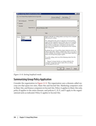 Figure 11-8. Setting loopback mode
Summarizing Group Policy Application
Consider the organization in Figure 11-9. The organization uses a domain called my‐
corp.com that spans two sites, Main-Site and Second-Site. Marketing computers exist
in Main-Site, and finance computers in Second-Site. Policy A applies to Main-Site only,
policy B applies to the entire domain, and policies C, D, E, and F apply to the organi‐
zational units as indicated. Policy G applies to Second-Site.
304 | Chapter 11: Group Policy Primer
 