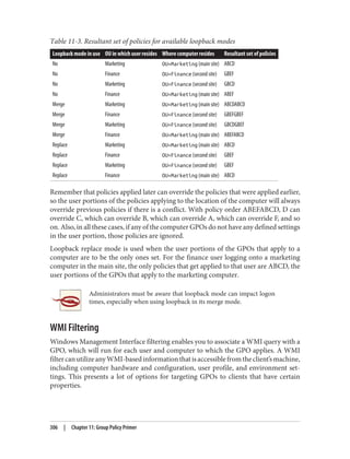 Table 11-3. Resultant set of policies for available loopback modes
Loopback mode in use OU in which user resides Where computer resides Resultant set of policies
No Marketing OU=Marketing (main site) ABCD
No Finance OU=Finance (second site) GBEF
No Marketing OU=Finance (second site) GBCD
No Finance OU=Marketing (main site) ABEF
Merge Marketing OU=Marketing (main site) ABCDABCD
Merge Finance OU=Finance (second site) GBEFGBEF
Merge Marketing OU=Finance (second site) GBCDGBEF
Merge Finance OU=Marketing (main site) ABEFABCD
Replace Marketing OU=Marketing (main site) ABCD
Replace Finance OU=Finance (second site) GBEF
Replace Marketing OU=Finance (second site) GBEF
Replace Finance OU=Marketing (main site) ABCD
Remember that policies applied later can override the policies that were applied earlier,
so the user portions of the policies applying to the location of the computer will always
override previous policies if there is a conflict. With policy order ABEFABCD, D can
override C, which can override B, which can override A, which can override F, and so
on. Also, in all these cases, if any of the computer GPOs do not have any defined settings
in the user portion, those policies are ignored.
Loopback replace mode is used when the user portions of the GPOs that apply to a
computer are to be the only ones set. For the finance user logging onto a marketing
computer in the main site, the only policies that get applied to that user are ABCD, the
user portions of the GPOs that apply to the marketing computer.
Administrators must be aware that loopback mode can impact logon
times, especially when using loopback in its merge mode.
WMI Filtering
Windows Management Interface filtering enables you to associate a WMI query with a
GPO, which will run for each user and computer to which the GPO applies. A WMI
filtercanutilizeanyWMI-basedinformationthatisaccessiblefromtheclient’smachine,
including computer hardware and configuration, user profile, and environment set‐
tings. This presents a lot of options for targeting GPOs to clients that have certain
properties.
306 | Chapter 11: Group Policy Primer
 