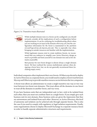 Figure 2-4. Transitive trusts illustrated
While multiple domain trees in a forest can be configured, you should
seriously consider all the implications of such a configuration before
implementation. It can be confusing for troubleshooting efforts when
you are working on an issue in the domain othercorp.com, but the con‐
figuration information for the forest is maintained in the partition
cn=configuration,dc=mycorp,dc=com. This is especially true when
bringing in outside resources not familiar with the implementation.
While legitimate reasons exist to create multitree forests, we recom‐
mend that you endeavor to simplify your Active Directory design as
much as possible and limit yourself to one domain tree and as few do‐
mains as possible.
Best practice for new forest designs is almost always a single-domain
forest. We have outlined the various multidomain options when de‐
signing a forest here, but, we do not generally recommend them (in‐
cluding empty roots).
Individual companies often implement their own forests. If Othercorp elected to deploy
itsActiveDirectoryasaseparateforest,youwouldneedtoemployaforesttrustbetween
MycorpandOthercorptoprovideseamlessresourceaccessbetweenthetwocompanies.
A forest trust allows an administrator to create a single transitive one-way or two-way
trust between two forest root domains. This trust allows all the domains in one forest
to trust all the domains in another forest, and vice versa.
If you have business units that are independent and, in fact, wish to be isolated from
each other, then you must not combine them in a single forest. If you simply give each
business unit its own domain, these business units are given the impression that they
are autonomous and isolated from each other. However, in Active Directory, this level
of autonomy and isolation can be achieved only through separate forests. This is also
the case if you need to comply with regulatory or legal isolation requirements. Finally,
some organizations choose to deploy Microsoft Exchange in a separate resource forest
in order to handle separate administrative structures and requirements.
12 | Chapter 2: Active Directory Fundamentals
 