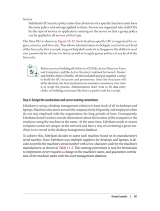 Servers
Fabrikam’s IT security policy states that all servers of a specific function must have
the same policy and settings applied to them. Servers are organized into child OUs
by the type of service or application running on the server so that a group policy
can be applied to all servers of that type.
The Sites OU is shown in Figure 13-13. Each location-specific OU is organized by re‐
gion, country, and then site. This allows administrators to delegate control at each level
of the hierarchy (for example, to grant helpdesk analysts in Singapore the ability to reset
user passwords for all users in Asia), as well as to apply group policies at any level of the
hierarchy.
Before you start building all of this in a GUI like Active Directory Users
and Computers, pull the Active Directory Cookbook by Laura E. Hunter
and Robbie Allen (O’Reilly) off the bookshelf and put together a script
to build the OU structures and permissions. Since the structures will
all be identical, the best mechanism to maintain consistency over time
is to script the process. Administrators don’t want to be data-entry
clerks, so building a structure like this is a perfect task for a script.
Step 4: Design the workstation and server naming conventions
Fabrikam is using a desktop management solution to keep track of all its desktops and
laptops.Machinesalsomovearoundthecompanyfairlyfrequently,andemployeesoften
do not stay employed with the organization for long periods of time. Consequently,
Fabrikam doesn’t want to encode information about the location of the computer or the
employee using the machine in the name. At the same time, Fabrikam needs to ensure
computer names are unique on the network and have a way of correlating a given ma‐
chine to its record in the desktop management database.
To achieve this, Fabrikam decides to name each machine based on its manufacturer’s
serial number. Since Fabrikam uses multiple suppliers for desktops and laptops, it de‐
cides to prefix the machine’s serial number with a two-character code for the machine’s
manufacturer, as shown in Table 13-2. This naming convention is easy for technicians
to implement, never requires a change in the machine’s name, and guarantees correla‐
tion of the machine name with the asset management database.
Design Examples | 391
 