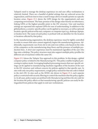 Tailspin’s need to manage the desktop experience on end user office workstations is
relatively limited. There are a handful of global settings that are enforced across the
organization, and from time to time a need to map a drive or install a printer at a specific
location arises. Figure 15-1 shows the GPO design for the organization’s end user
computing environment. The basic premise of the design relies heavily on inheritance,
linking GPOs at the highest possible point in the OU structure. User and machine
settings are separated into separate GPOs for ease of understanding. In addition to the
global policies, a country-specific policy can be applied as necessary, as well as optional
location-specificpoliciesattheuser,computer,orcomputertype(e.g.,desktops,laptops,
or kiosks) level. The name of each policy is prefixed with an identifier for the location
or locations affected by that policy.
In the manufacturing organization, the desktop experience must be tightly controlled
in order to ensure that users cannot negatively impact the manufacturing process. Ad‐
ditionally, requirements vary from site to site and even within a site based on the roles
of the computers on the manufacturing shop floors and the presence of multiple pro‐
duction lines. A strict user experience must be maintained regardless of the user who
logs onto a desktop. The policy structure must also support multiple policy profiles for
different sets of machines within the same OU.
Figure 15-2 shows the Tailspin Toys approach to this problem. In this design, a global
computer policy is linked to the Manufacturing OU. This policy enables loopback pro‐
cessing in replace mode. Leveraging loopback processing ensures that user-specific set‐
tings can be applied to manufacturing machines regardless of the location of the user
in the OU structure and without concern for policies applied to that specific user. In
sites with only one policy requirement, a single policy named for that site code is linked
to the site’s OU. In sites such as the SFO01 site shown in Figure 15-2, each separate
policy is restricted with security filtering to control the machines that the policy applies
to. In all cases, policy names are prefixed with Manufacturing and then the site code for
the location the policy affects so that manufacturing-specific policies can easily be dis‐
tinguished from policies that apply to end user workstations.
422 | Chapter 15: Planning for Group Policy
 