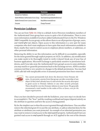 Trustee Permission
DomainCert Publishers Read/Write userCertificate
BuiltinWindows Authorization Access Group Read tokenGroupsGlobalAndUniversal
BuiltinTerminal Server License Servers Read/Write terminalServer
Everyone Change Password
Permission Lockdown
You can see from Table 16-2 that in a default Active Directory installation members of
the Authenticated Users group have access to quite a bit of information. There is even
more information available if you have added Authenticated Users to the Pre-Windows
2000 Compatible Access group, as this allows them to see all properties of groups, users,
and inetOrgPerson objects. Open access to this information is a sore spot for many
companies who don’t want employees to have quite that much information available to
them; maybe they want to restrict access to employee phone numbers, or addresses, or
other personal information.
Removing the ability to see this information can be difficult to accomplish, especially
for the items granted through explicit property set ACEs. In addition, any modification
you make needs to be thoroughly tested to verify it doesn’t break any of your line of
business applications. Microsoft Exchange is particularly sensitive to permission lock‐
downs, and if you take away the Authenticated Users group’s access to some attributes,
you may need to re-grant the permissions back to the Exchange servers. ADSI is another
common tool that is very sensitive to changes to the default permissions. You may find
ADSI calls fail with inexplicable errors if assumed permissions have been removed.
You cannot permanently lock down the directory from Domain Ad‐
mins. At any point, anyone from that group can take ownership of any
object (if they don’t already have it) and rewrite the security descriptor
to grant access to Domain Admins or any other security principal.
There should be very few Domain Admins in your forest. We generally
recommend a total number in the realm of five or fewer, even for the
largest organizations.
Once you have decided to proceed with the lockdown, your next step is to decide how
to accomplish it. The “how” and the resulting workload and impact depend entirely on
the attribute in question and how the access is being granted.
Byfar,thesimplestcaseiswhentheaccessisgrantedthroughinheritance.Youcaneither
remove the inherited grant if it is just the one attribute, or add an inherited deny for the
attribute or attributes you want protected. An example of an inherited permission you
may want to remove is read access to the employeeID property. Authenticated Users are
granted read access to employeeID through an ACE applied to the root of the domain
Permission Basics | 433
 