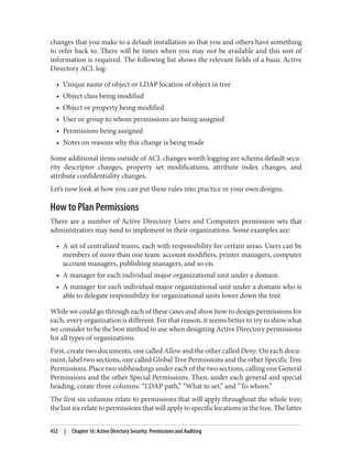 changes that you make to a default installation so that you and others have something
to refer back to. There will be times when you may not be available and this sort of
information is required. The following list shows the relevant fields of a basic Active
Directory ACL log:
• Unique name of object or LDAP location of object in tree
• Object class being modified
• Object or property being modified
• User or group to whom permissions are being assigned
• Permissions being assigned
• Notes on reasons why this change is being made
Some additional items outside of ACL changes worth logging are schema default secu‐
rity descriptor changes, property set modifications, attribute index changes, and
attribute confidentiality changes.
Let’s now look at how you can put these rules into practice in your own designs.
How to Plan Permissions
There are a number of Active Directory Users and Computers permission sets that
administrators may need to implement in their organizations. Some examples are:
• A set of centralized teams, each with responsibility for certain areas. Users can be
members of more than one team: account modifiers, printer managers, computer
account managers, publishing managers, and so on.
• A manager for each individual major organizational unit under a domain.
• A manager for each individual major organizational unit under a domain who is
able to delegate responsibility for organizational units lower down the tree.
While we could go through each of these cases and show how to design permissions for
each, every organization is different. For that reason, it seems better to try to show what
we consider to be the best method to use when designing Active Directory permissions
for all types of organizations.
First, create two documents, one called Allow and the other called Deny. On each docu‐
ment, label two sections, one called Global Tree Permissions and the other Specific Tree
Permissions. Place two subheadings under each of the two sections, calling one General
Permissions and the other Special Permissions. Then, under each general and special
heading, create three columns: “LDAP path,” “What to set,” and “To whom.”
The first six columns relate to permissions that will apply throughout the whole tree;
the last six relate to permissions that will apply to specific locations in the tree. The latter
452 | Chapter 16: Active Directory Security: Permissions and Auditing
 