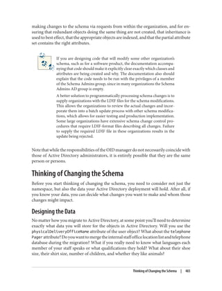 making changes to the schema via requests from within the organization, and for en‐
suring that redundant objects doing the same thing are not created, that inheritance is
used to best effect, that the appropriate objects are indexed, and that the partial attribute
set contains the right attributes.
If you are designing code that will modify some other organization’s
schema, such as for a software product, the documentation accompa‐
nying that code should make it explicitly clear exactly which classes and
attributes are being created and why. The documentation also should
explain that the code needs to be run with the privileges of a member
of the Schema Admins group, since in many organizations the Schema
Admins AD group is empty.
A better solution to programmatically processing schema changes is to
supply organizations with the LDIF files for the schema modifications.
This allows the organizations to review the actual changes and incor‐
porate them into a batch update process with other schema modifica‐
tions, which allows for easier testing and production implementation.
Some large organizations have extensive schema change control pro‐
cedures that require LDIF-format files describing all changes. Failure
to supply the required LDIF file in these organizations results in the
update being rejected.
Note that while the responsibilities of the OID manager do not necessarily coincide with
those of Active Directory administrators, it is entirely possible that they are the same
person or persons.
Thinking of Changing the Schema
Before you start thinking of changing the schema, you need to consider not just the
namespace, but also the data your Active Directory deployment will hold. After all, if
you know your data, you can decide what changes you want to make and whom those
changes might impact.
Designing the Data
No matter how you migrate to Active Directory, at some point you’ll need to determine
exactly what data you will store for the objects in Active Directory. Will you use the
physicalDeliveryOfficeName attribute of the user object? What about the telephone
Pagerattribute?Doyouwanttomergetheinternalstaffofficelocationlistandtelephone
database during the migration? What if you really need to know what languages each
member of your staff speaks or what qualifications they hold? What about their shoe
size, their shirt size, number of children, and whether they like animals?
Thinking of Changing the Schema | 483
 