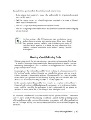 Basically, these questions boil down to four much simpler ones:
• Is the change that needs to be made valid and sensible for all potential uses and
users of this object?
• Will the change impact any other changes that may need to be made to this and
other objects in the future?
• Will the change impact anyone else now or in the future?
• Will the change impact any applications that people inside or outside the company
are developing?
As when creating a valid OID namespace, make sure that your classes
and attributes are created with sensible names. These names should
have a unique company prefix for easy identification and consist of
capitalized words separated by hyphens. For more information about
choosing a prefix for your names, see the sidebar “Choosing a Sensible
Naming Prefix.”
Choosing a Sensible Naming Prefix
Using a unique prefix for schema extensions may not seem important at first glance.
The benefit of unique prefixes comes into play if a company finds out another company
is also using the same prefix. This can become extremely problematic if the other com‐
pany is an application vendor.
For example, say that MyCorp Financial Services is prefixing its schema extensions with
the “myCorp” prefix. MyCorp Financial has extended its schema with two new at‐
tributes: myCorpAttrib1 and myCorpAttrib2. Now suppose MyCorp Financial purcha‐
ses a software package from another company, MyCorp Software Solutions, who also
chose to use attribute names of myCorpAttrib1 and myCorpAttrib2.
In this scenario, MyCorp Financial Services would be in a very bad position. MyCorp
Financial’s only option would be changing all previous uses of its attributes so that the
names could be reused by the application. If MyCorp Financial did not rename its
attributes, it would not be able to use the application it had purchased.
An important rule of thumb is to never modify default system attributes. This ensures
that you never conflict with anything considered a default by the operating system,
which might eventually cause problems during upgrades or with other applications,
such as Exchange. Adding extra attributes to classes is fine, but avoid modifying existing
attributes.
Thinking of Changing the Schema | 487
 
