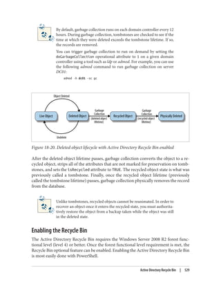 By default, garbage collection runs on each domain controller every 12
hours. During garbage collection, tombstones are checked to see if the
time at which they were deleted exceeds the tombstone lifetime. If so,
the records are removed.
You can trigger garbage collection to run on demand by setting the
doGarbageCollection operational attribute to 1 on a given domain
controller using a tool such as ldp or admod. For example, you can use
the following admod command to run garbage collection on server
DC01:
admod -h dc01 -sc gc
Figure 18-20. Deleted object lifecycle with Active Directory Recycle Bin enabled
After the deleted object lifetime passes, garbage collection converts the object to a re‐
cycled object, strips all of the attributes that are not marked for preservation on tomb‐
stones, and sets the isRecycled attribute to TRUE. The recycled object state is what was
previously called a tombstone. Finally, once the recycled object lifetime (previously
called the tombstone lifetime) passes, garbage collection physically removes the record
from the database.
Unlike tombstones, recycled objects cannot be reanimated. In order to
recover an object once it enters the recycled state, you must authorita‐
tively restore the object from a backup taken while the object was still
in the deleted state.
Enabling the Recycle Bin
The Active Directory Recycle Bin requires the Windows Server 2008 R2 forest func‐
tional level (level 4) or better. Once the forest functional level requirement is met, the
Recycle Bin optional feature can be enabled. Enabling the Active Directory Recycle Bin
is most easily done with PowerShell.
Active Directory Recycle Bin | 529
 